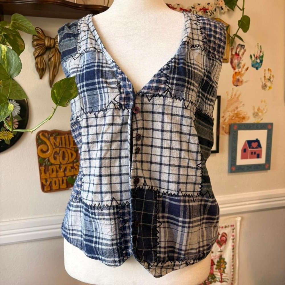 Vintage‎ 90s Patchwork Blue Plaid Cottage Vest Size Large Gingham Plaid Tie Back